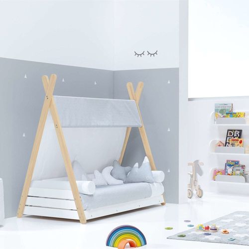 Lit Montessori En Bois 70x140 Cm Avec Matelas Et Textile Gris Clair