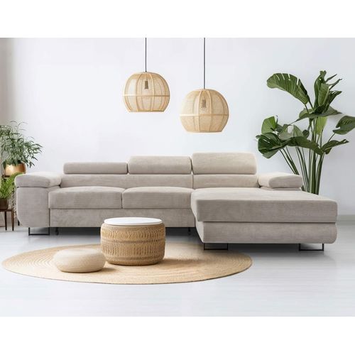 Canapé D'angle Droit Convertible 6 Places En Velours Côtelé Beige