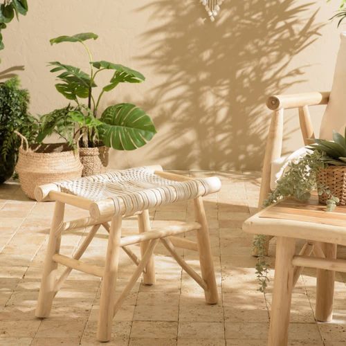 Tabouret En Branches De Teck Naturel Assise En Macramé Blanc
