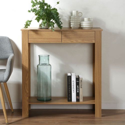 Console Haute 2 Tiroirs Décor Chêne - L79 Cm
