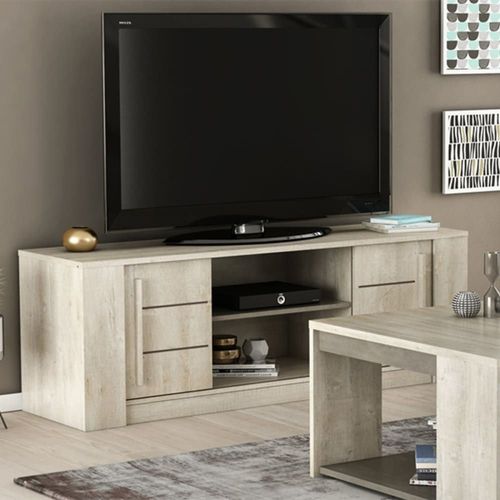 Meuble Tv 2 Portes Coulissantes L150 Cm - Décor Chêne Et Béton