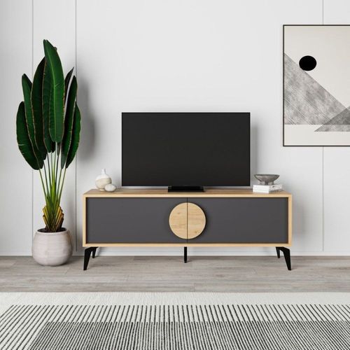 Meuble Tv 2 Portes - L140 Cm - Effet Chêne Et Gris
