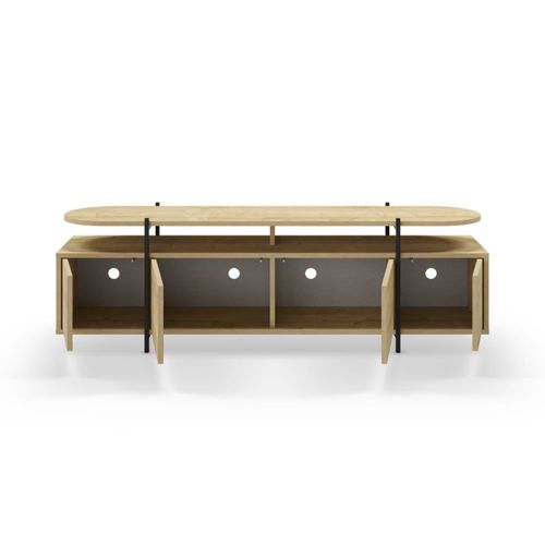 Meuble Tv 4 Portes Et Pieds Métalliques - L160 Cm - Effet Chêne