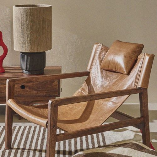 Fauteuil En Cuir Et Bois - Marron