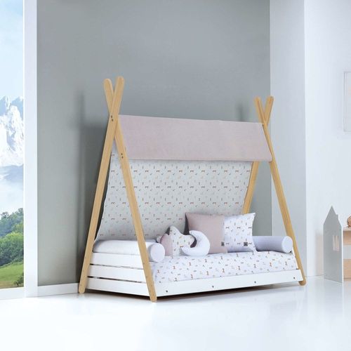 Lit Montessori Bois 70x140 Cm Avec Matelas Et Textile Imprimé Forêt
