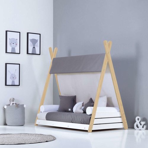Lit Montessori En Bois 70x140 Cm Avec Textile Gris Anthracite