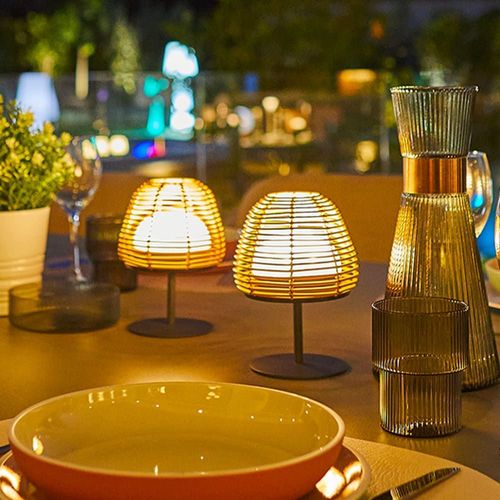 Set De 2 Lampes De Table Bohème Poly Rotin Bois H16cm
