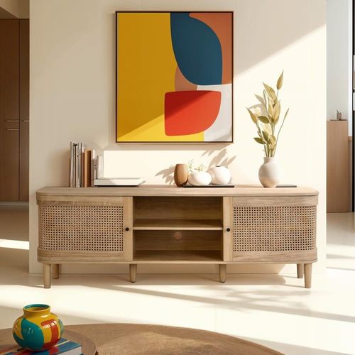 Meuble Tv 2 Portes Couleur Chêne Et Cannage 160 Cm