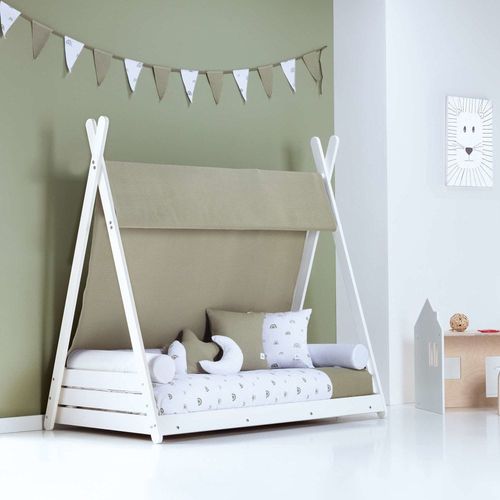 Lit D'enfant Montessori 70x140 Cm Avec Matelas Et Textile Vert-Olive