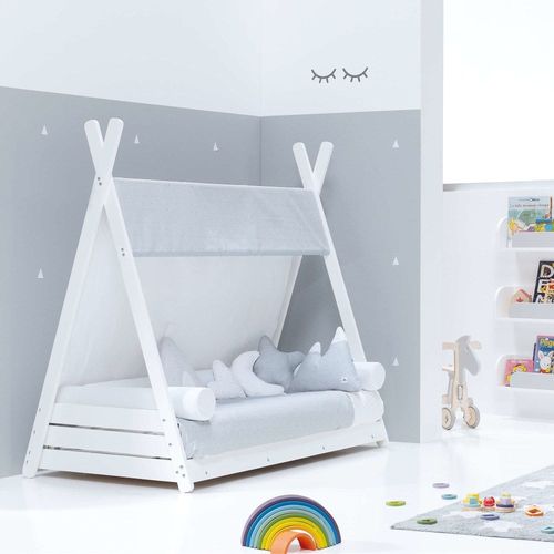 Lit D'enfant Montessori 70x140 Cm Avec Matelas Et Textile Gris Clair