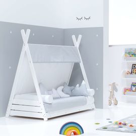 Lit D'enfant Montessori 70x140 Cm Avec Matelas Et Textile Gris Clair