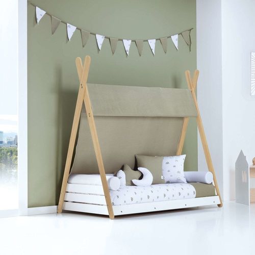Lit Montessori En Bois 70x140 Cm Avec Textile Vert-Olive