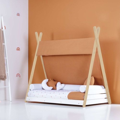 Lit Montessori En Bois 70x140 Cm Avec Matelas Et Textile Orange