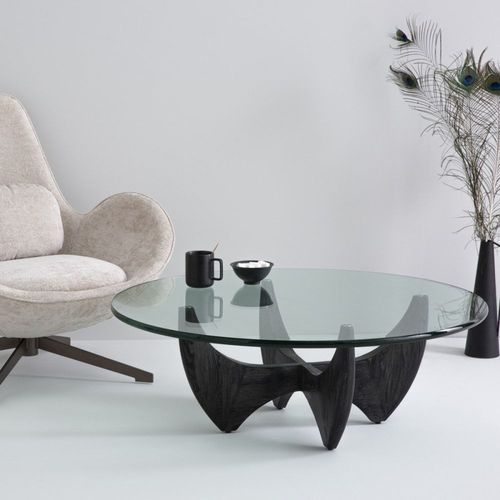 Table Basse Ronde En Chêne Massif Noir Avec Plateau En Verre - L100 Cm