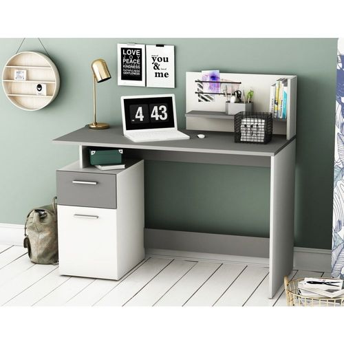 Bureau 1 Porte Et 1 Tiroir L121,5 Cm - Décor Gris Foncé Et Blanc