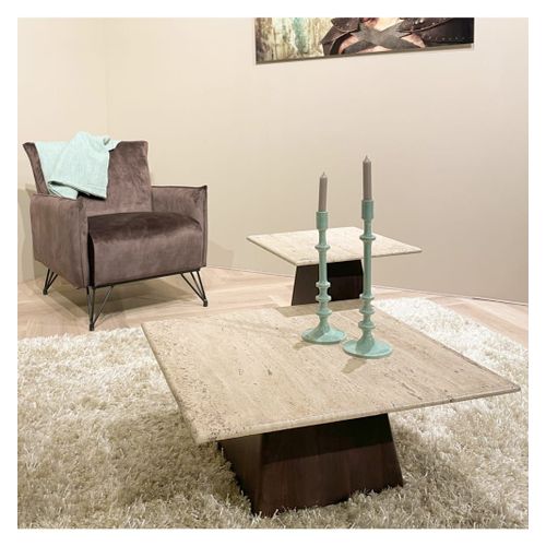 Table Basse Carrée 45x45 Cm,Travertin Et Manguier Teinté Noyer