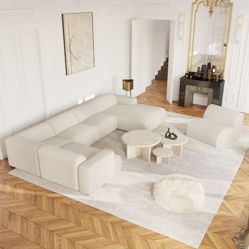 Canapé Panoramique Angle Droit En Bouclette Xxl Crème 354cm