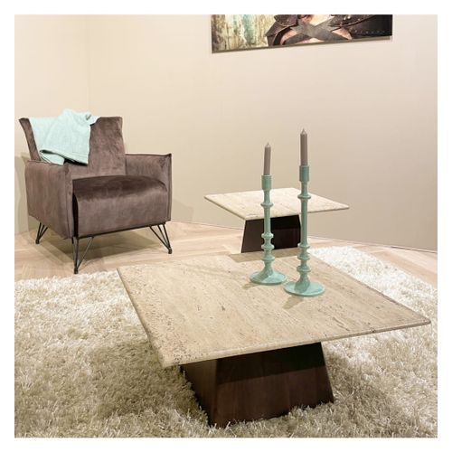 Table Basse Carrée 75 X75 Cm,Travertin Et Manguier Teinté Noyer