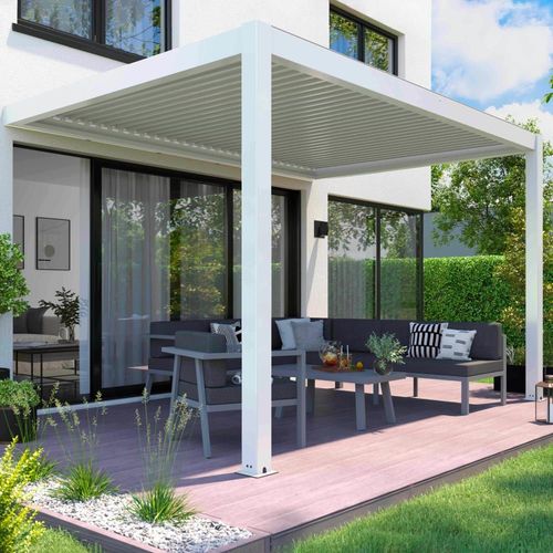 Pergola Bioclimatique Adossée Motorisée En Aluminium 3x4 M Blanc