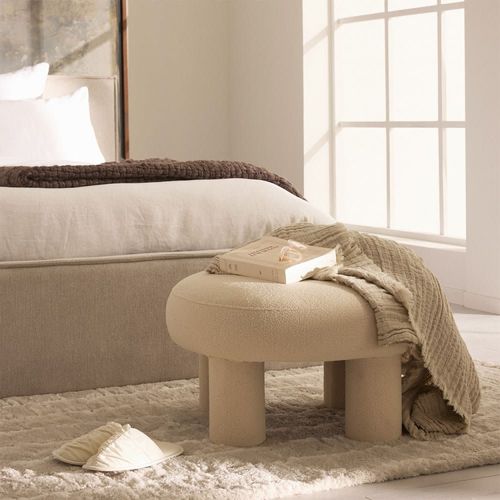 Tabouret Rond Xl En Tissu Bouclette Ø60cm - Crème