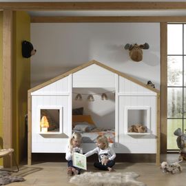 Lit Cabane 2 Fenêtres Effet Bois Blanc 90x200