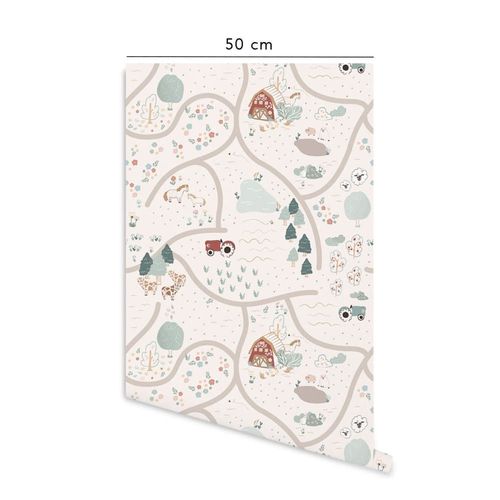 Papier peint vinyle adhésif carte de la ferme multicolore 50x300 cm