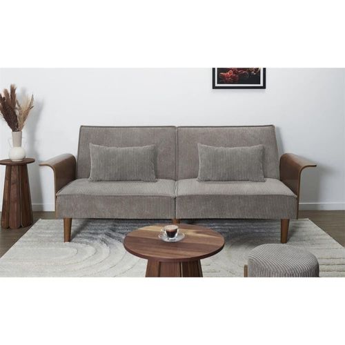 Canapé Convertible 3 Places En Velours Côtelé Gris Et Bois L205 Cm