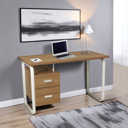 Bureau 2 Tiroirs Effet Bois Clair Et Pieds Métal Blanc