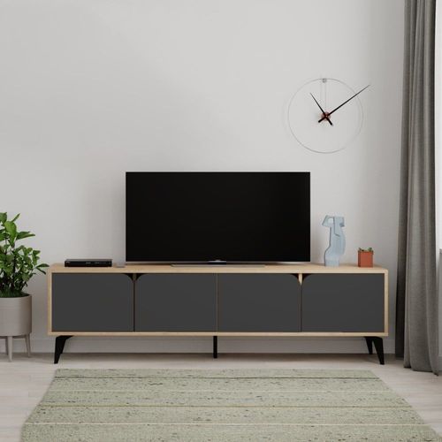Meuble Tv 4 Portes Avec Pieds En Métal L180 Cm - Effet Bois Clair