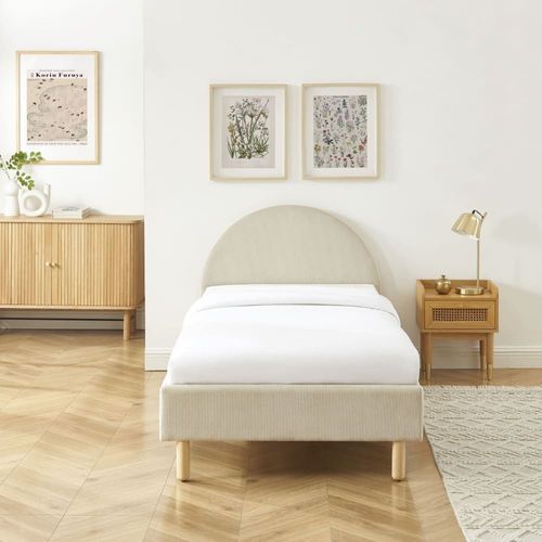Lit Velours Cotelé Beige 90x190 Sommier Inclus