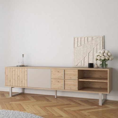 Meuble Tv 2 Portes, 2 Tiroirs Et 2 Niches L180 Cm - Effet Bois Clair