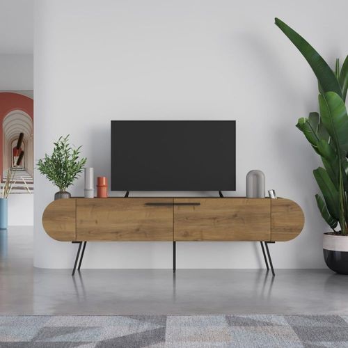 Meuble Tv 2 Portes Avec Pieds En Métal L194,5 Cm - Effet Bois Foncé