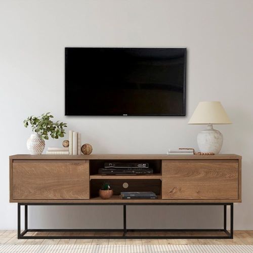 Meuble Tv 2 Niches Et 2 Tiroirs Décor Noyer - L140 Cm