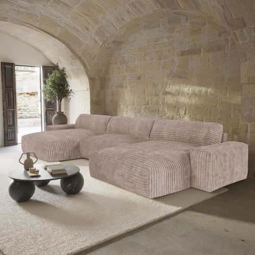 Canapé Panoramique Velours Côtelé Xxl Taupe 220cm