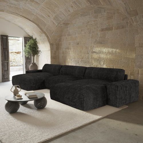 Canapé Panoramique Velours Côtelé Xxl Noir 220cm
