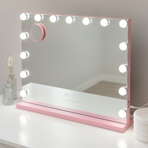 Miroir Maquillage Lumineux 15 LED Métal 58x46x12cm Rose