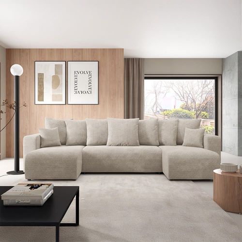 Canapé Panoramique 6 Places En Tissu Beige