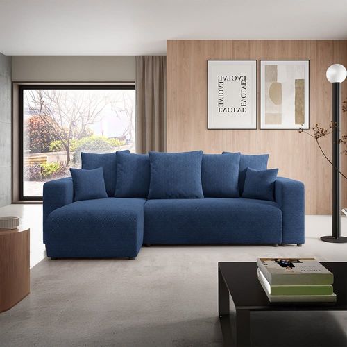 Canapé D'angle Gauche Convertible 4 Places En Tissu Bleu