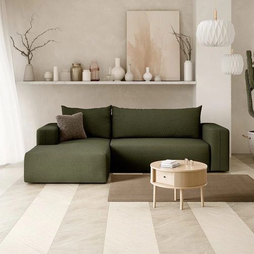 Canapé D'angle Gauche Convertible 4 Places En Tissu Vert Kaki
