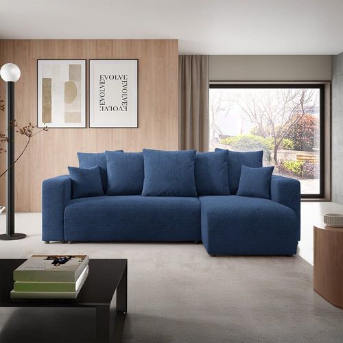 Canapé D'angle Droit Convertible 4 Places En Tissu Bleu