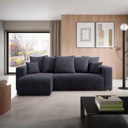 Canapé D'angle Gauche Convertible 4 Places En Tissu Noir