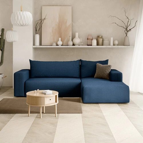 Canapé D'angle Droit Convertible 4 Places En Tissu Bleu