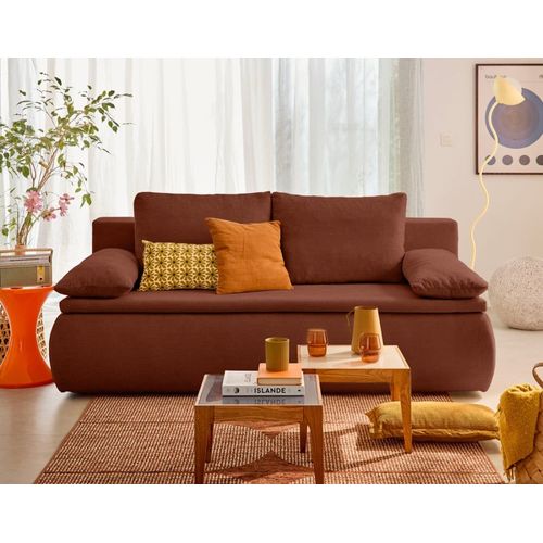Canapé Droit Convertible 3 Places En Velours Texturé Terracotta