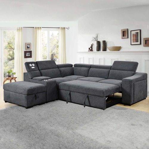Canapé D'angle Convertible 5 Places En Tissu Gris Foncé