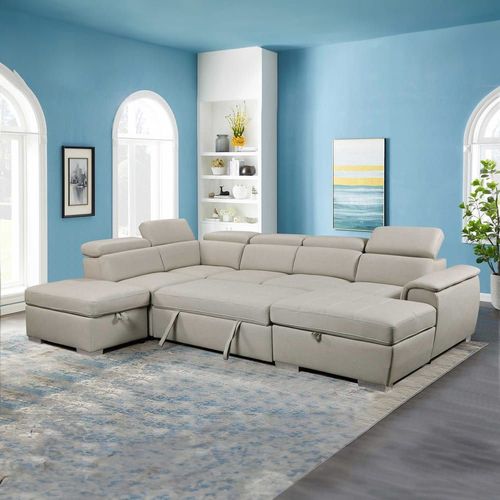 Canapé Panoramique 6 Places En Tissu Beige