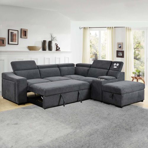 Canapé D'angle Convertible 5 Places En Tissu Gris Foncé