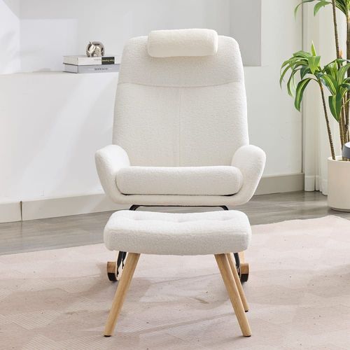 Fauteuil À Bascule En Velours Blanc Avec Appui-Tête Et Repose-Pieds