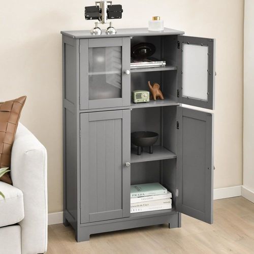 Meuble De Rangement 4 Portes Et Verre Trempé Gris 60x30x108,5cm