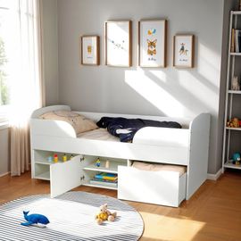 Lit Mi-Hauteur Avec Sommier Et Rangements, Blanc, 90x190 Cm