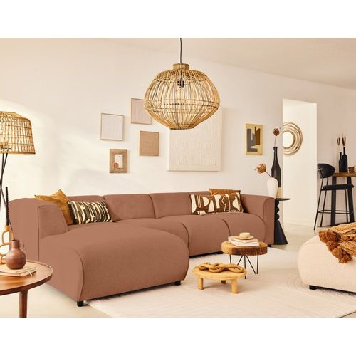Canapé Modulable 5 Places Angle Gauche En Tissu Texturé Terracotta